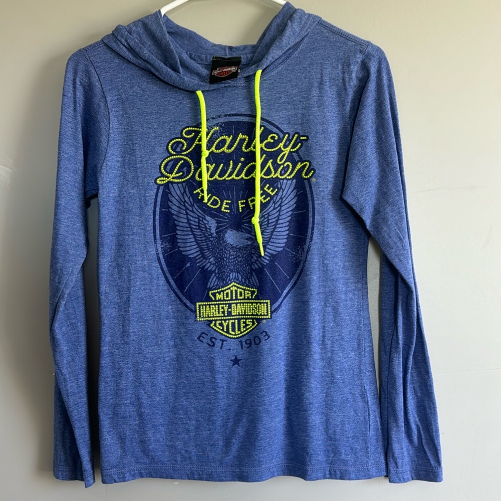 Harley Davidson Authentic Hoodie Size S Blue Neon Green Yellow Long Sleeve